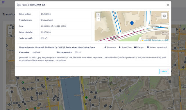 Náhled transakcí s cenovými údaji z katastru nemovitostí
